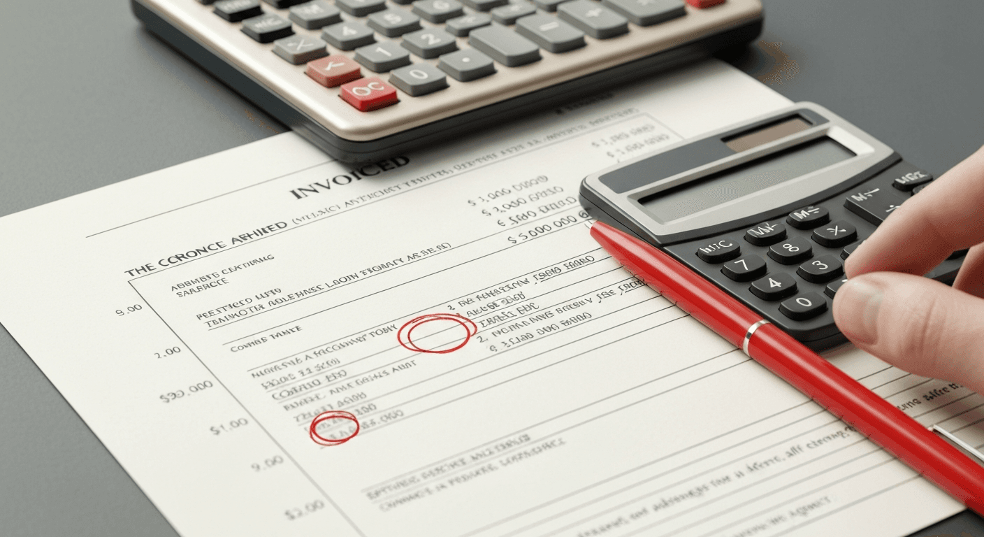 An itemized government-style invoice on a desk next to a calculator, with a red pen circling line items.