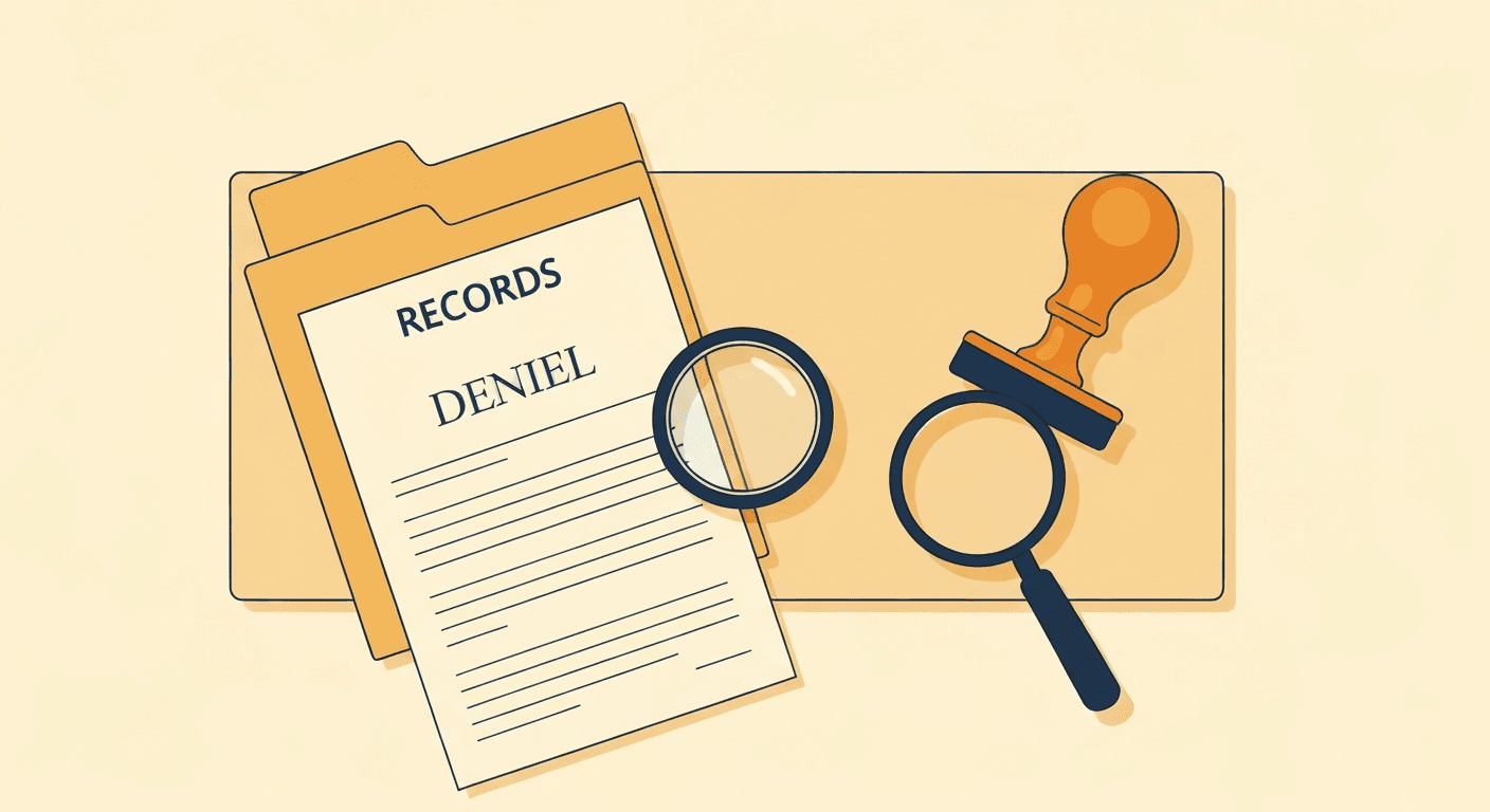 A government records desk with a manila folder, a no records denial letter, a rubber stamp, and a magnifying glass.