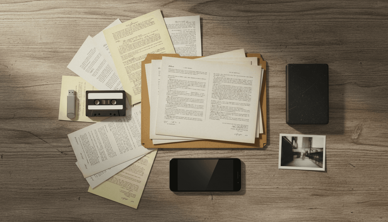 A fanned mosaic of public-record formats on a wooden desk: paper file, audio cassette, smartphone, notebook, and printed photograph.