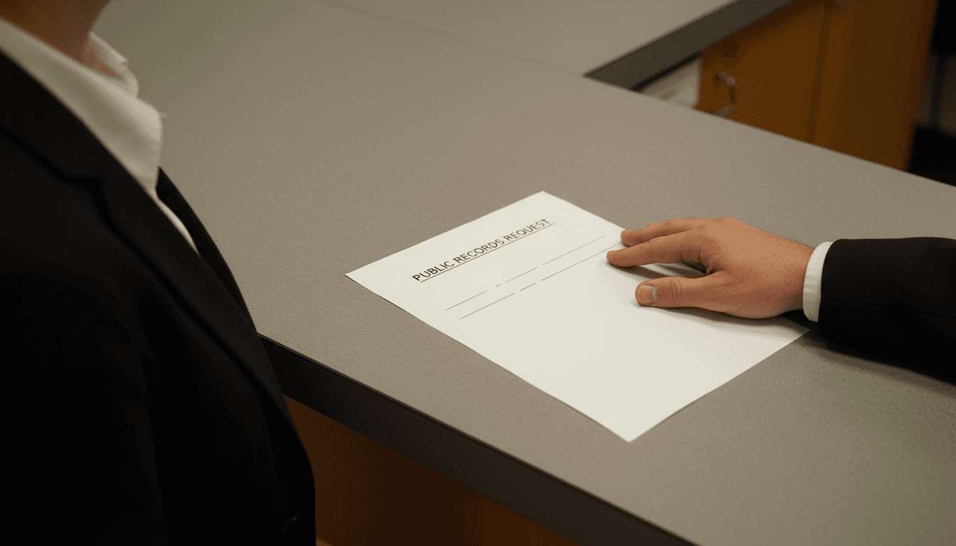 A hand sliding a one-page Public Records Request form across a generic government counter.