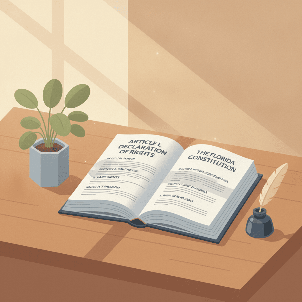 A copy of the Florida Constitution open to Article I on a wooden desk, with sunlight coming through a window.