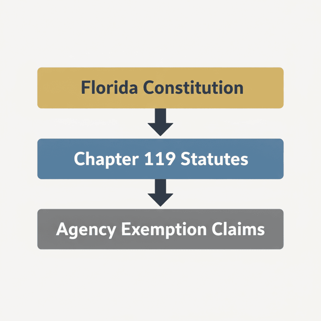 A diagram showing three layers: the Florida Constitution at the top, Chapter 119 statutes in the middle, and agency exemption claims at the bottom.