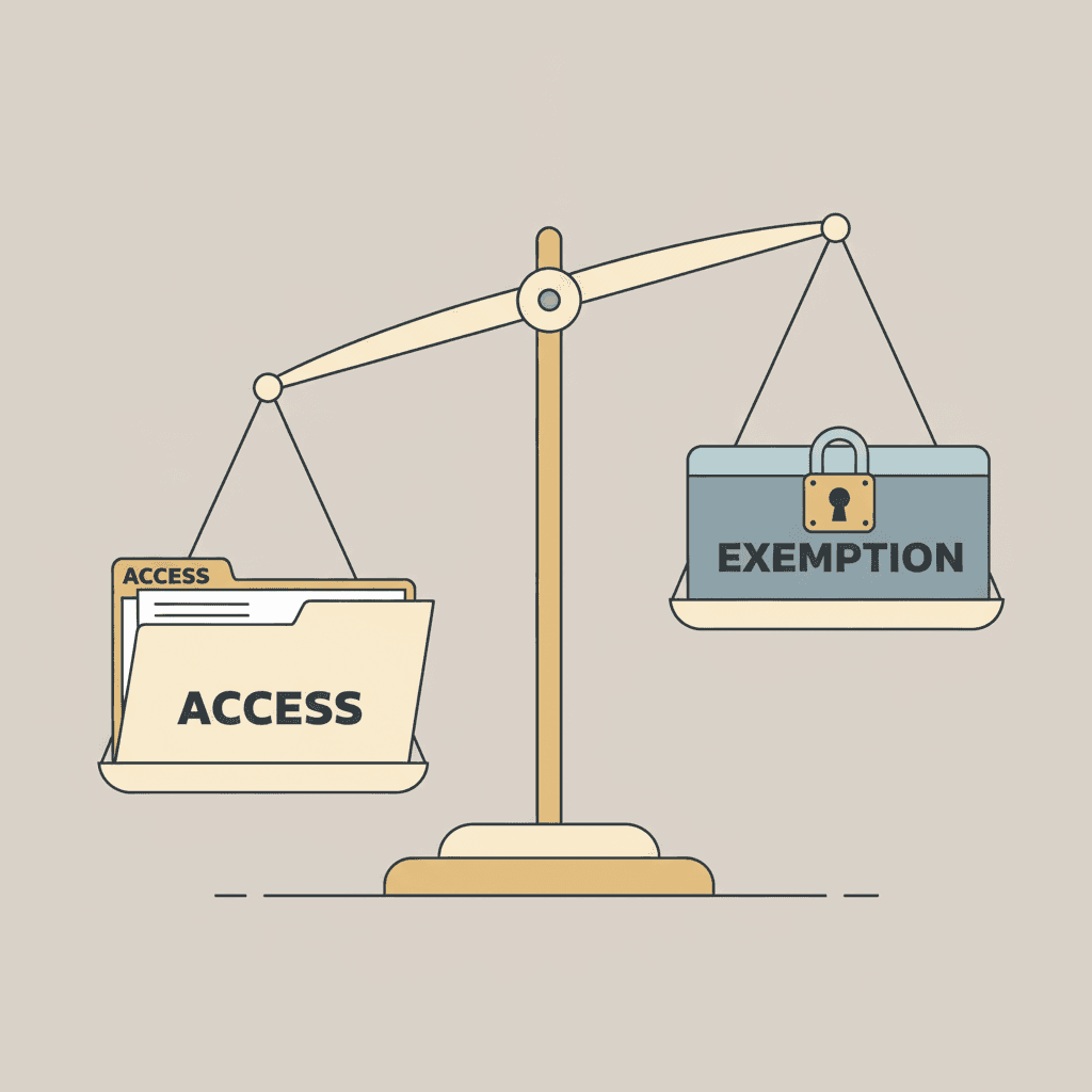 A courtroom-style scale balanced between an open folder labeled ACCESS and a locked box labeled EXEMPTION, with the access side slightly lower.