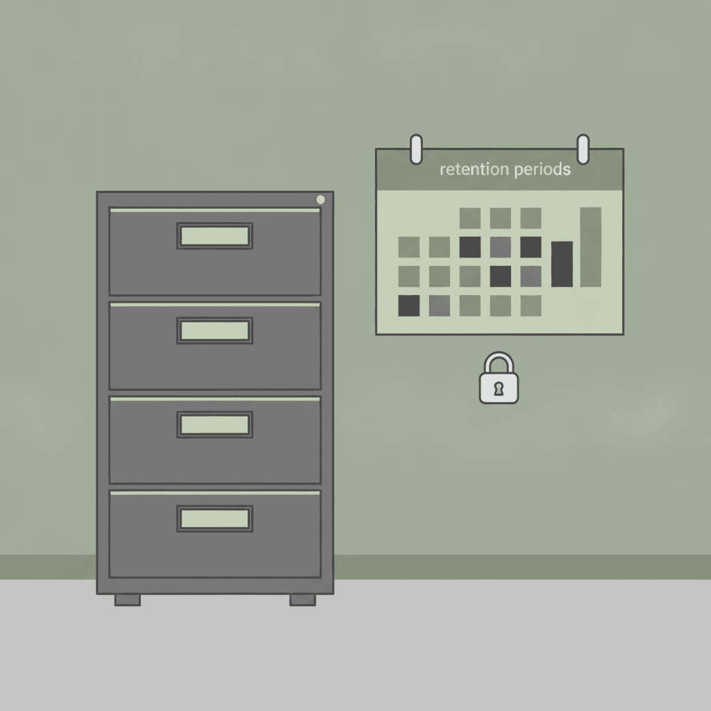 Rows of labeled file boxes on metal shelving in a government records storage room, with a calendar on the wall and retention schedule posted nearby.