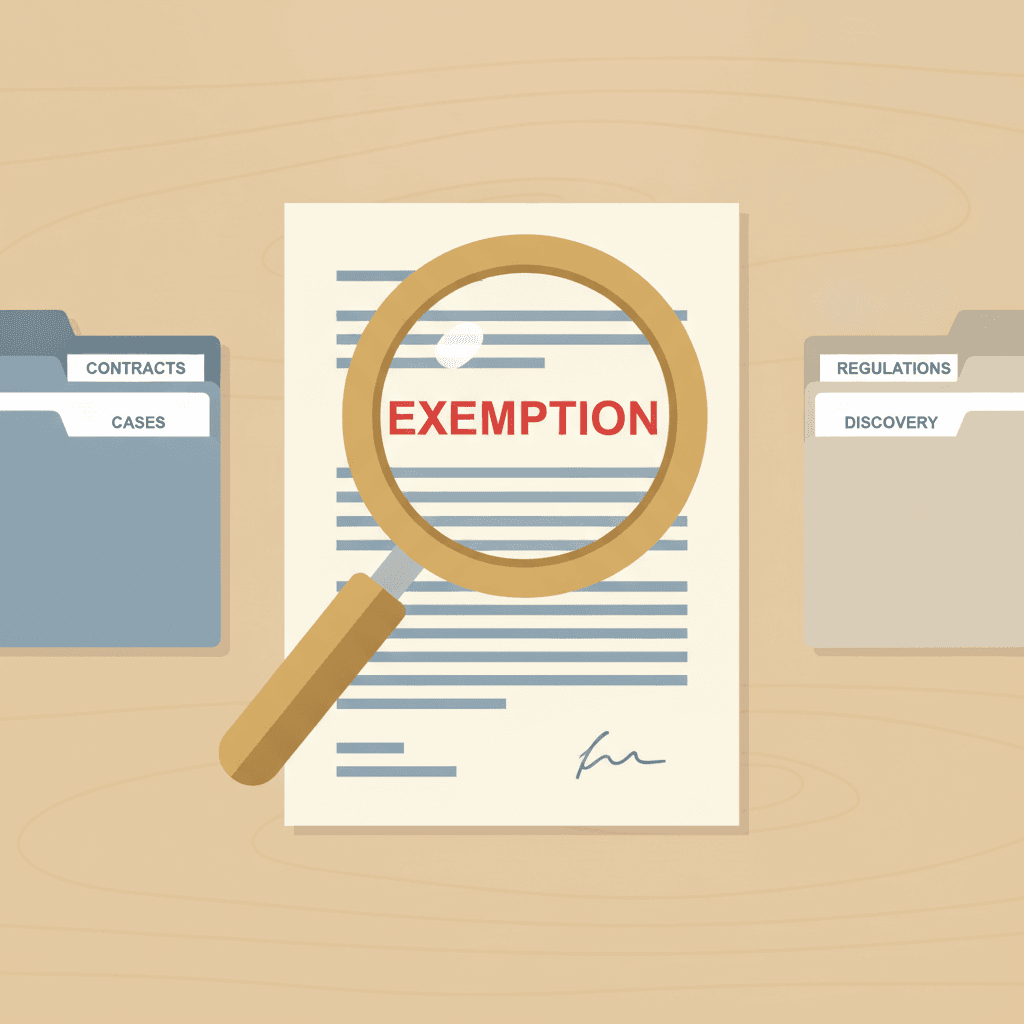 A close-up of a legal document with a magnifying glass highlighting the word EXEMPTION, surrounded by open file folders on a desk.