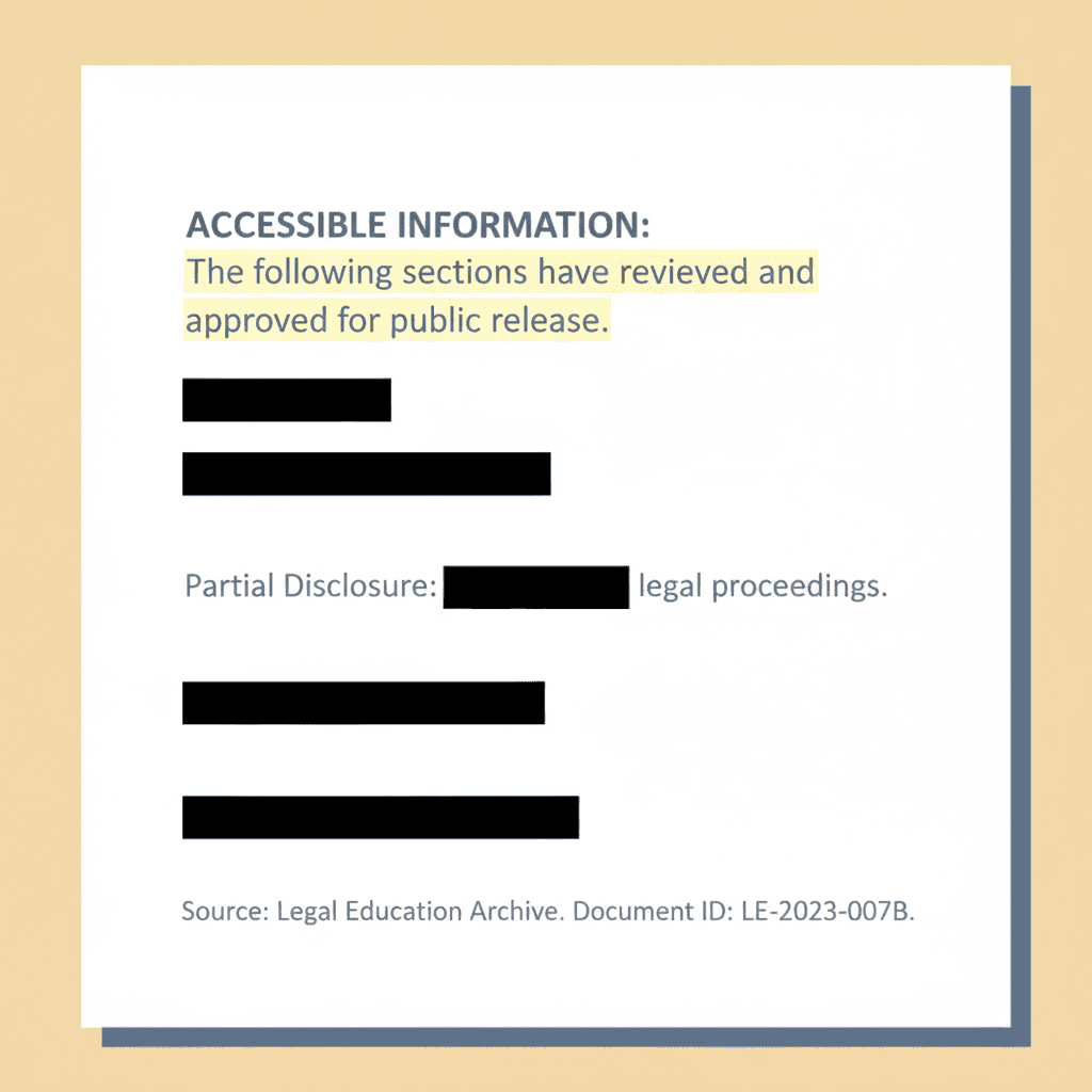 A document with several lines of text, some highlighted in yellow (accessible) and some blacked out (redacted), showing partial disclosure.