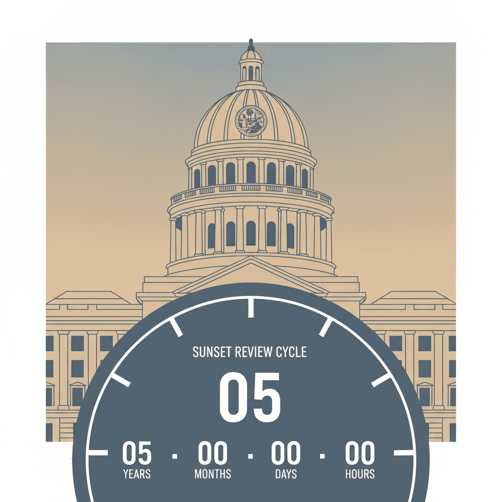 A Florida state capitol building with a five-year countdown clock overlaid, representing the sunset review cycle for public records exemptions.