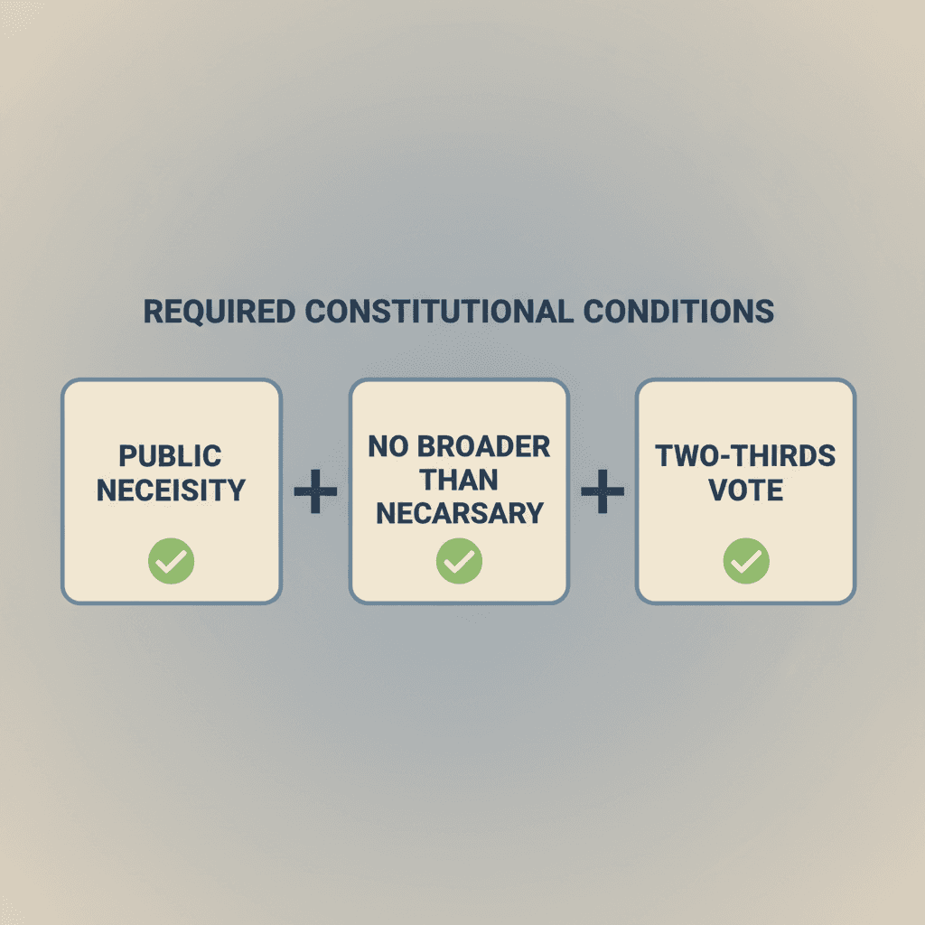 Three labeled boxes in a row: PUBLIC NECESSITY on the left, NO BROADER THAN NECESSARY in the center, and TWO-THIRDS VOTE on the right, with checkmarks indicating all three are required.