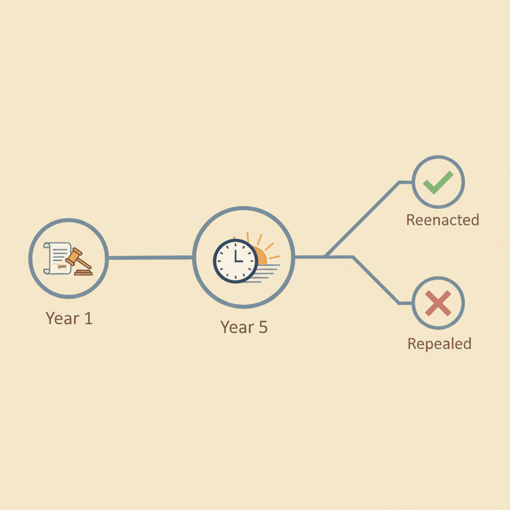 A timeline showing Year 1 with a new exemption created, Year 5 with a sunset review, and two branches: one showing reenacted and one showing repealed.