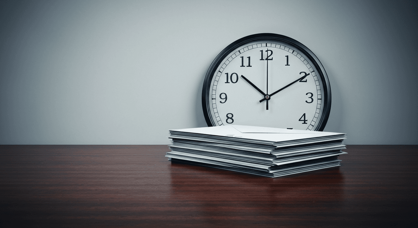 A wall clock next to a stack of unanswered government request letters on a wooden desk, representing the passage of time without response.