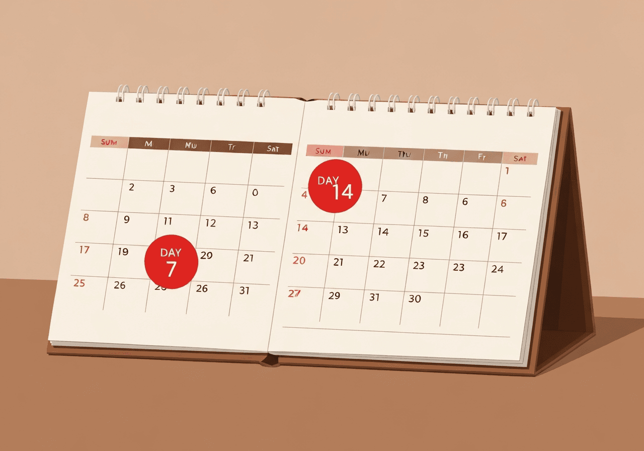 A desk calendar with red circles marking Day 7, Day 14, and Day 30 to represent the public records follow-up schedule.