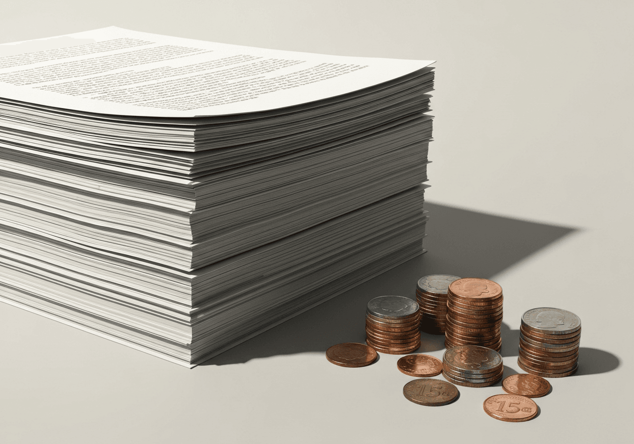 A stack of photocopied pages next to a small pile of coins representing 15 cents per page.