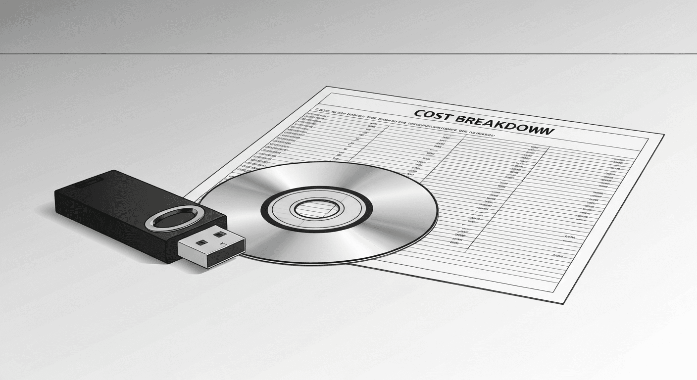 A USB drive and a CD next to a printed cost breakdown sheet, representing non-standard electronic record formats.