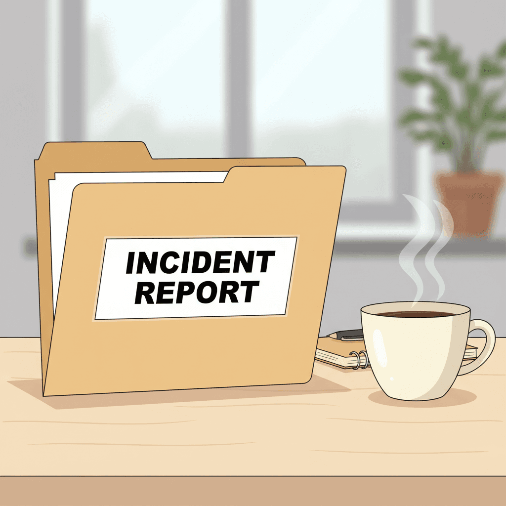 A manila folder labeled INCIDENT REPORT sitting on a wooden desk next to a coffee cup.