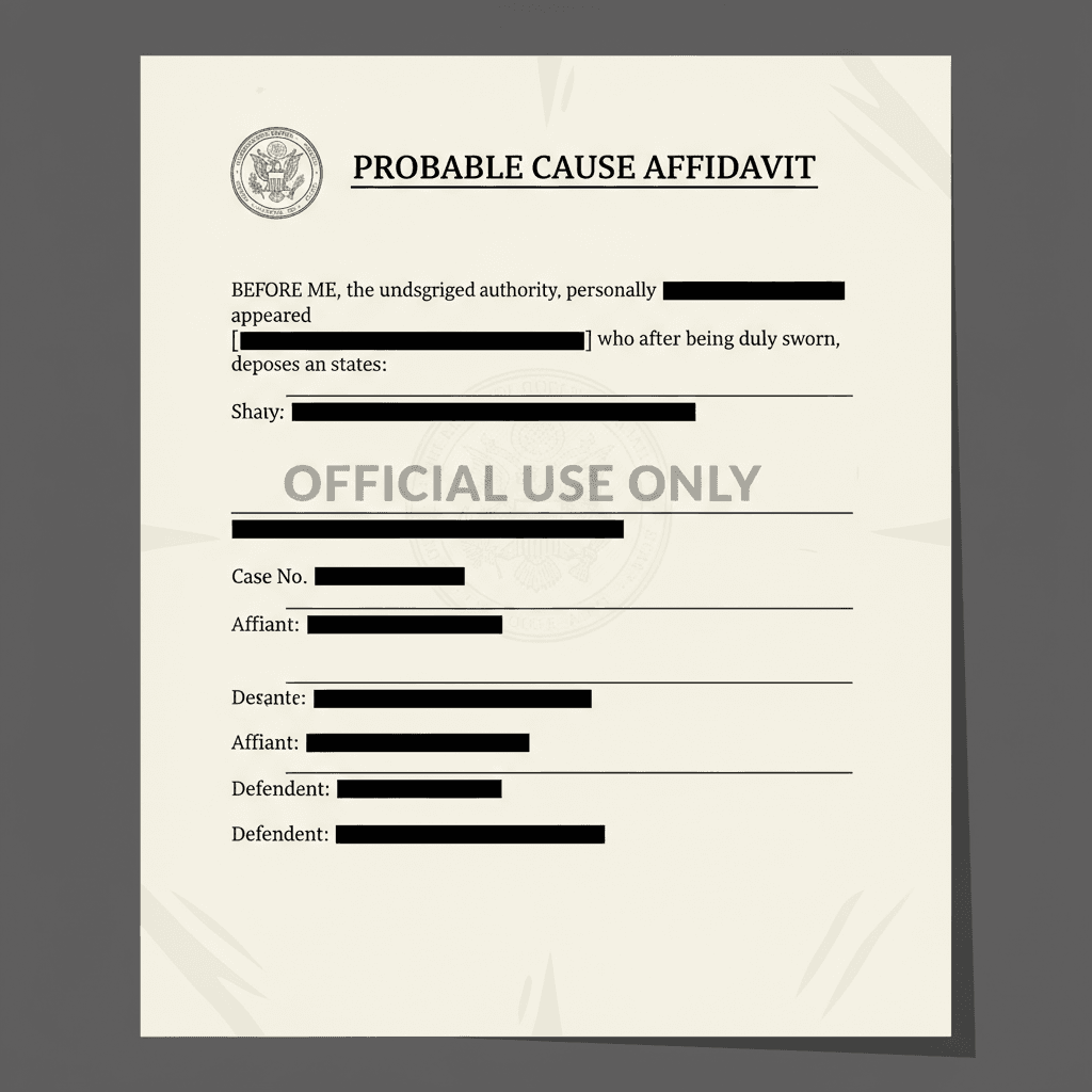 A probable cause affidavit document with names redacted by black bars.