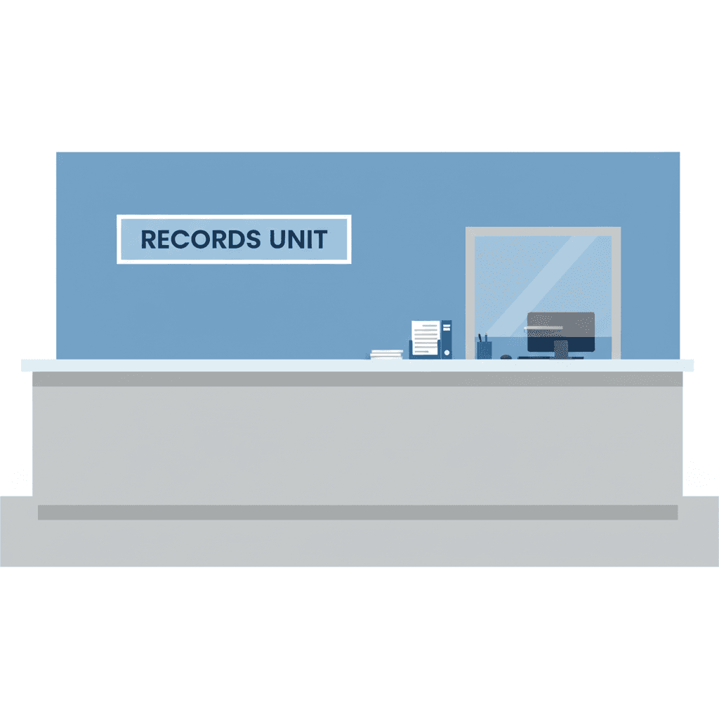 A government records office counter with a RECORDS UNIT sign, illustrated style.
