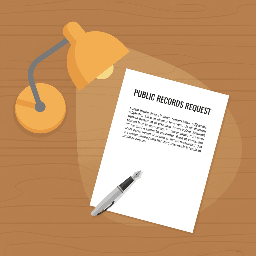 A printed public records request letter on a desk with a pen resting alongside under a warm desk lamp.
