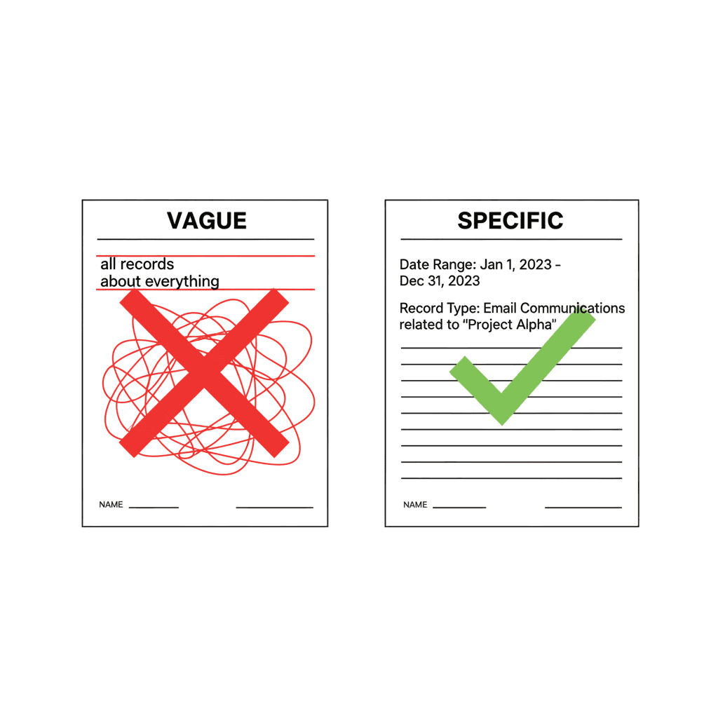 Side-by-side comparison showing a vague request crossed out on the left versus a specific request with checkmark on the right.