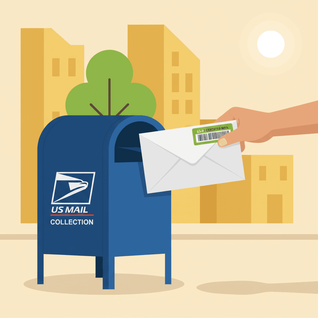 A hand dropping a white envelope with a certified mail card into a blue mailbox.