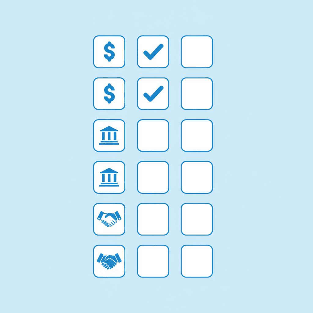 A two-column checklist comparing factors that favor public agency status versus private status for a contractor, displayed on a clipboard against a government building backdrop.
