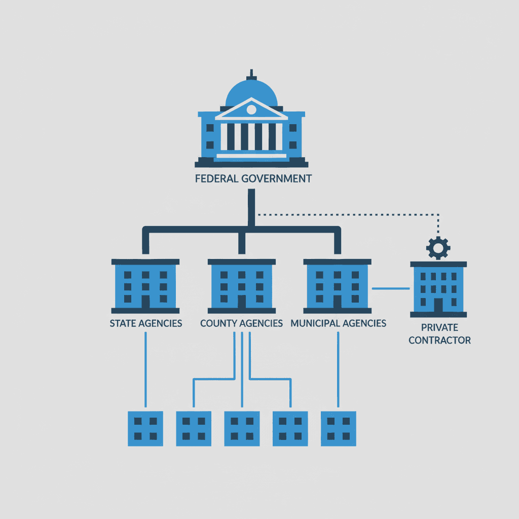 A hierarchy diagram showing a government building connected to state, county, and municipal agencies, plus a private contractor building.