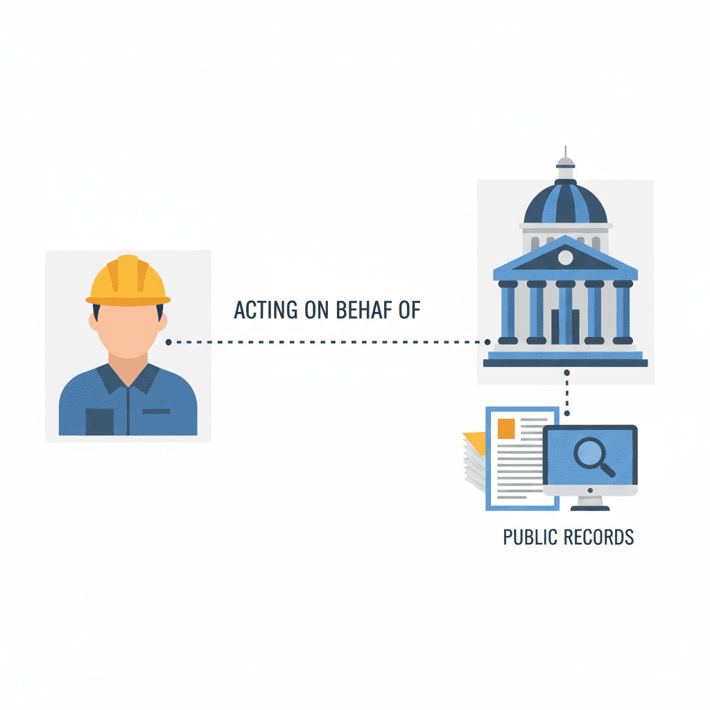 An illustration of a contractor with a hard hat connected by a dotted line labeled acting on behalf of to a government building.