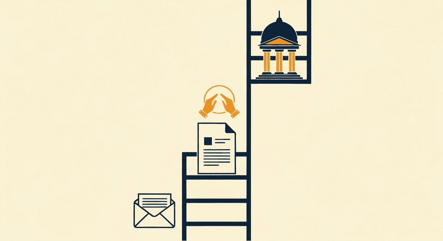 A vertical escalation ladder with steps representing follow-up letter, internal escalation, AG mediation, and mandamus action.