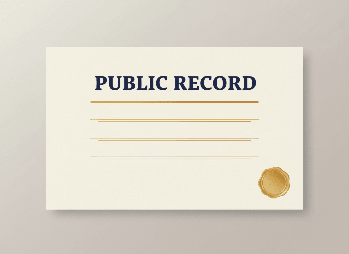 A formal cream-colored definition card titled PUBLIC RECORD, with a gold wax seal in the lower right corner.