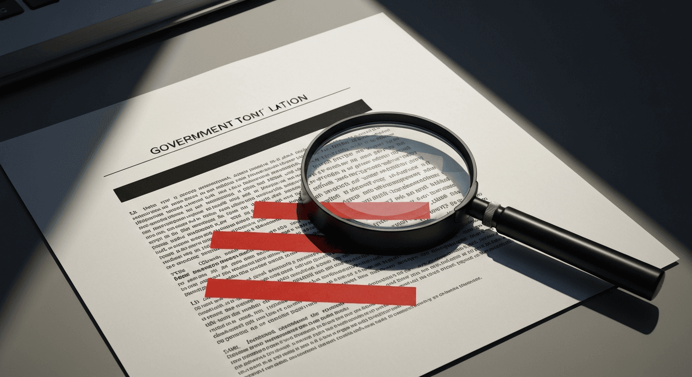 A government document with thick black redaction bars covering portions of the text, with a magnifying glass resting on top.