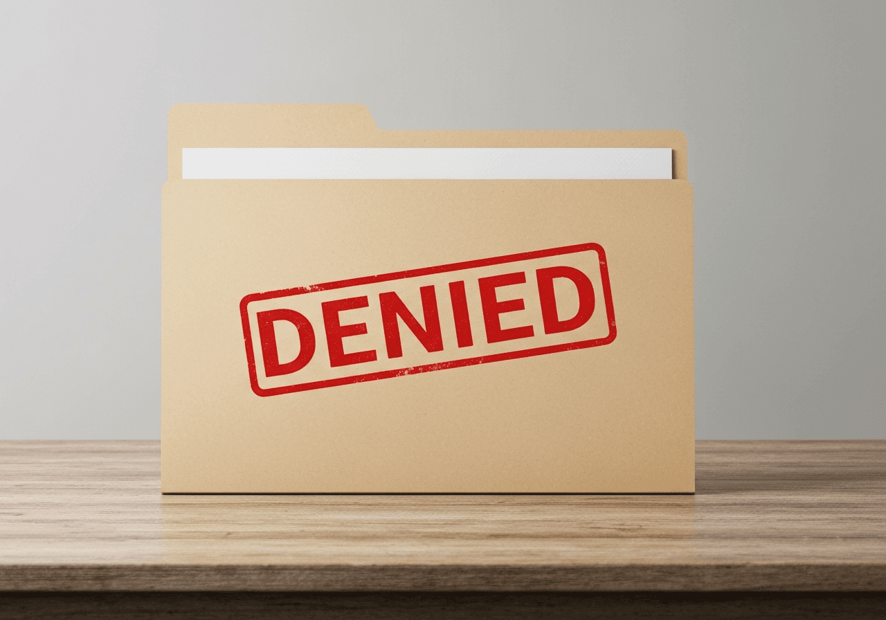A manila folder on a desk stamped diagonally with DENIED in bold red ink.