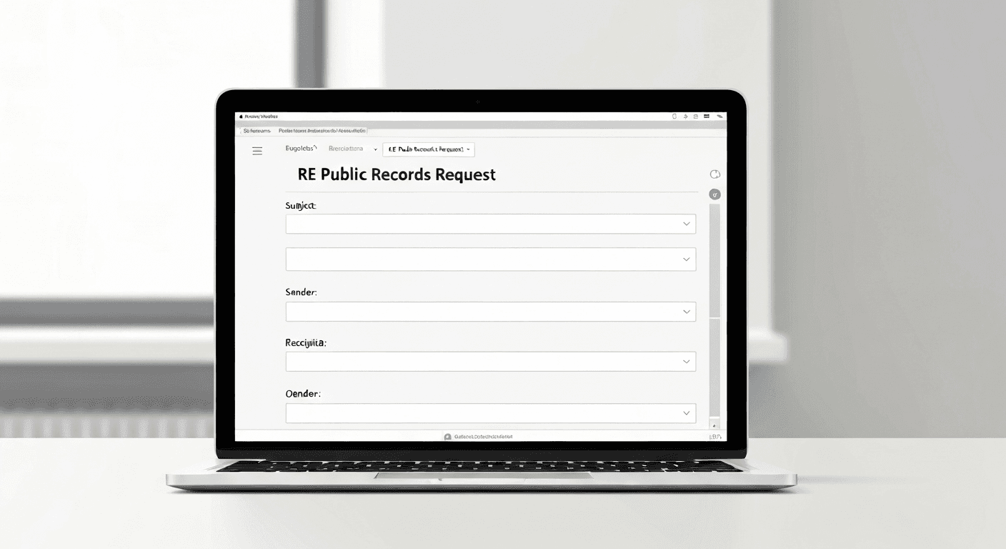 A laptop screen showing a generic email interface with a message subject line reading RE Public Records Request.